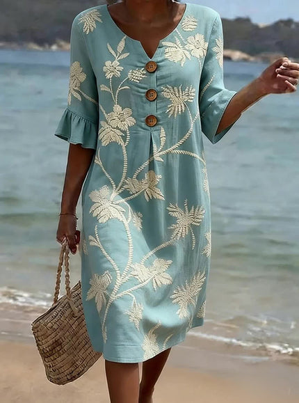 Women's Button-Front Dress in Floral Print with Flared Cuffs