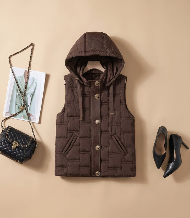Women's Button-Front Hooded Quilted Puffer Vest