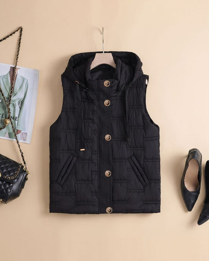 Women's Button-Front Hooded Quilted Puffer Vest