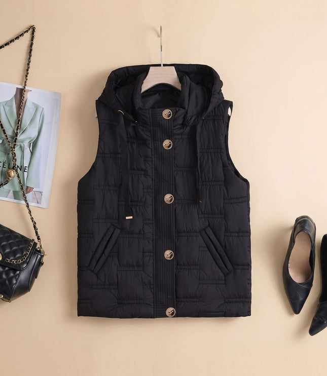 Women's Button-Front Hooded Quilted Puffer Vest