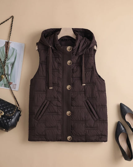 Women's Button-Front Hooded Quilted Puffer Vest