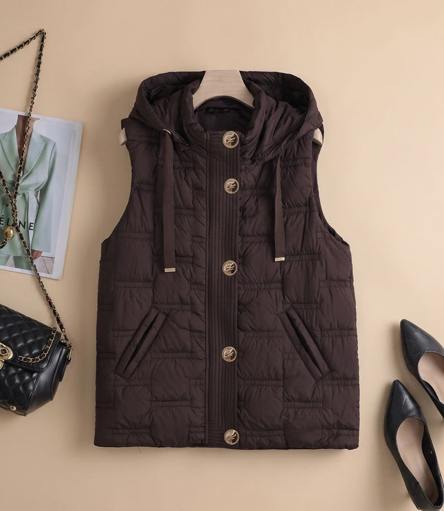Women's Button-Front Hooded Quilted Puffer Vest