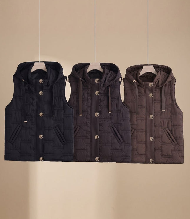 Women's Button-Front Hooded Quilted Puffer Vest