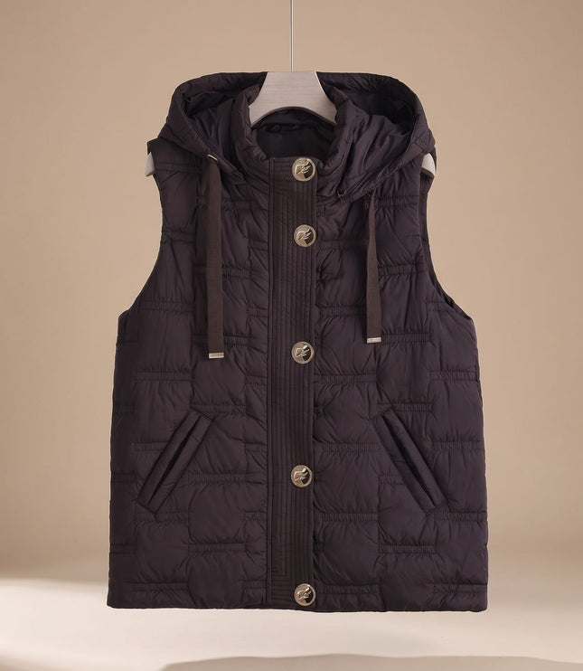 Women's Button-Front Hooded Quilted Puffer Vest