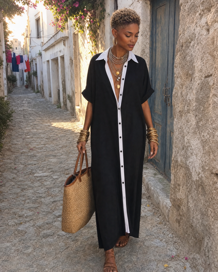 Women's Button-Front Linen Shirt Dress with a Collar
