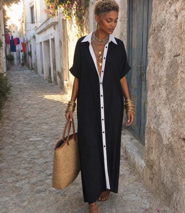 Women's Button-Front Linen Shirt Dress with a Collar