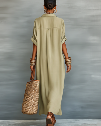 Women's Button-Front Linen Shirt Dress with a Collar