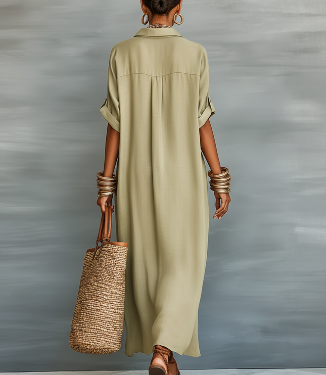 Women's Button-Front Linen Shirt Dress with a Collar