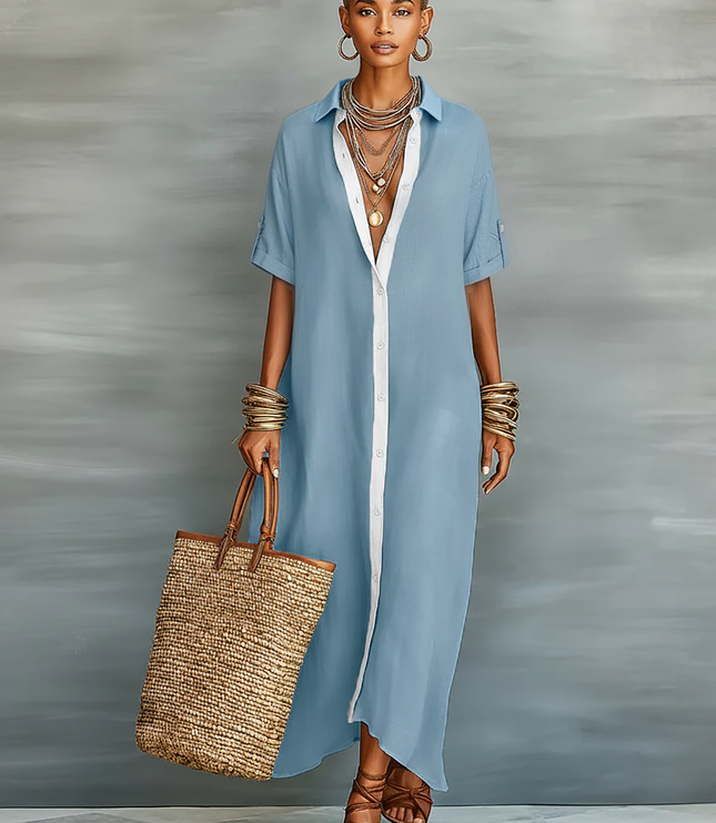 Women's Button-Front Linen Shirt Dress with a Collar