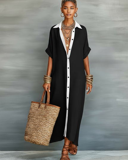 Women's Button-Front Linen Shirt Dress with a Collar