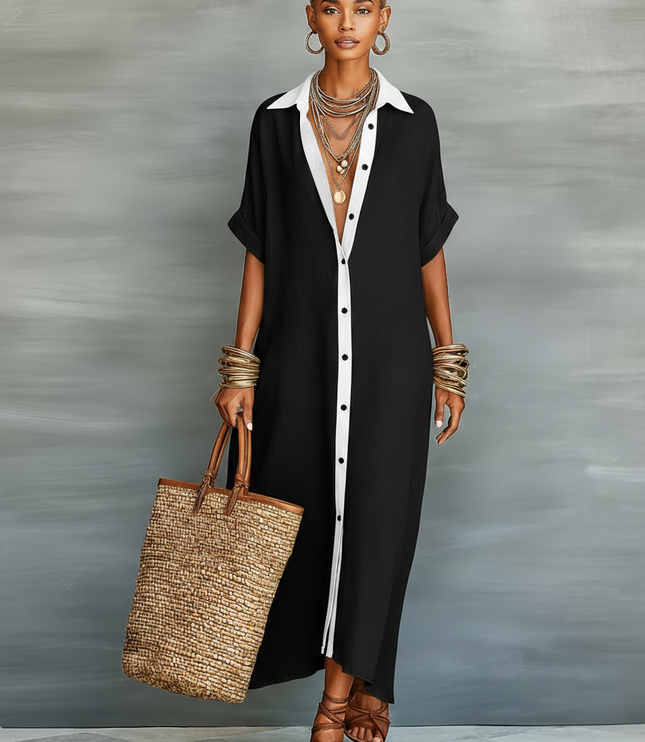 Women's Button-Front Linen Shirt Dress with a Collar