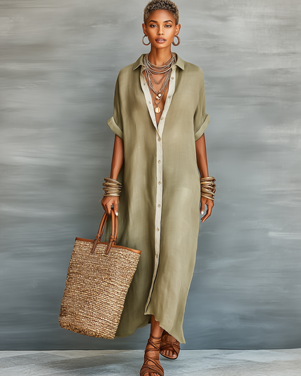 Women's Button-Front Linen Shirt Dress with a Collar