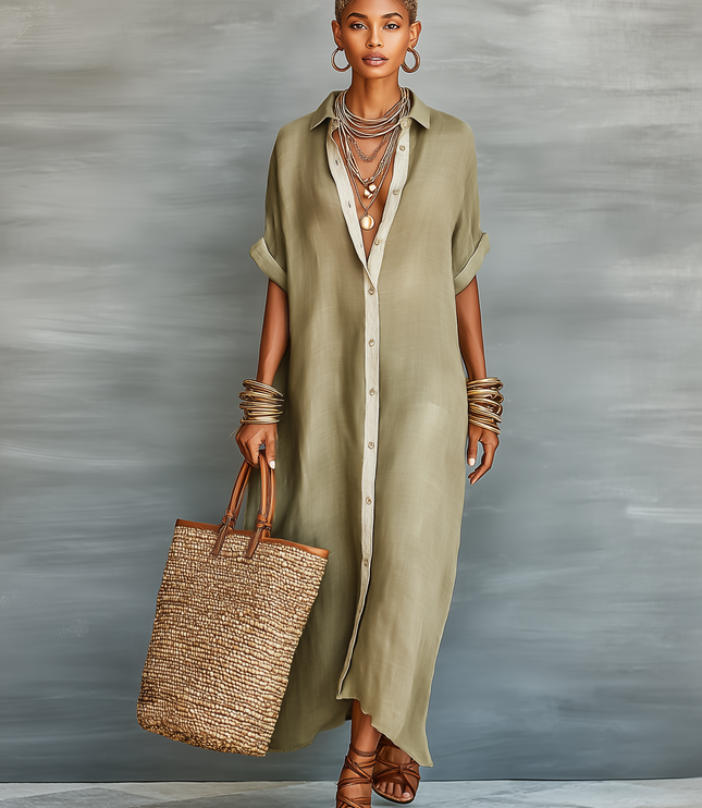 Women's Button-Front Linen Shirt Dress with a Collar