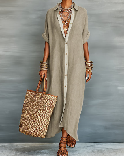 Women's Button-Front Linen Shirt Dress with a Collar