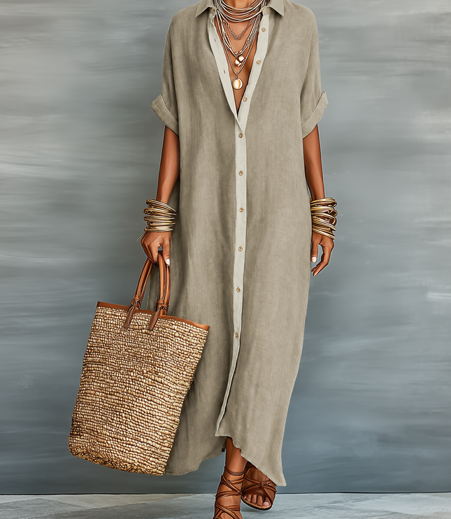 Women's Button-Front Linen Shirt Dress with a Collar