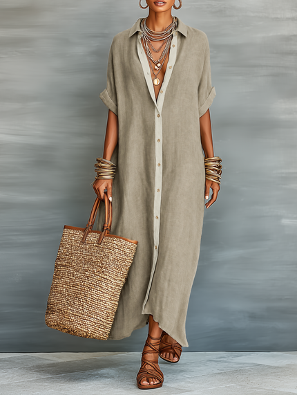 Women's Button-Front Linen Shirt Dress with a Collar