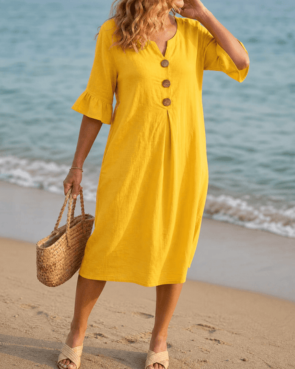 Women's Button Placket Bell Sleeve Casual Midi Dress