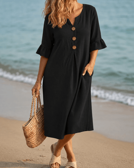 Women's Button Placket Bell Sleeve Casual Midi Dress