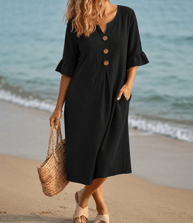 Women's Button Placket Bell Sleeve Casual Midi Dress