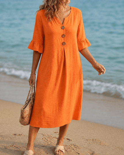 Women's Button Placket Bell Sleeve Casual Midi Dress