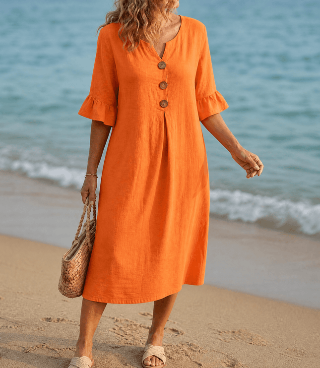 Women's Button Placket Bell Sleeve Casual Midi Dress