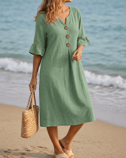 Women's Button Placket Bell Sleeve Casual Midi Dress