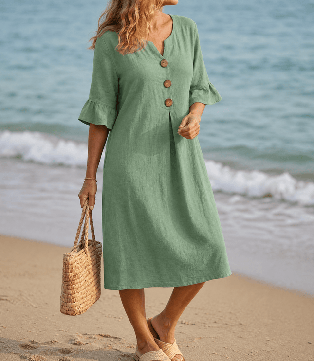 Women's Button Placket Bell Sleeve Casual Midi Dress