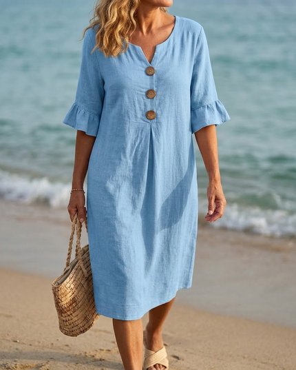 Women's Button Placket Bell Sleeve Casual Midi Dress