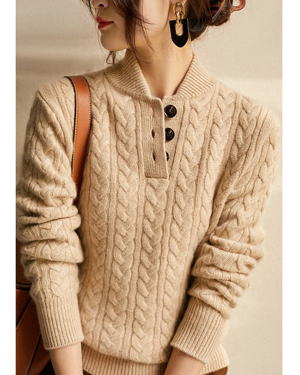 Women's Button-Up Sweater in a Cable Knit with a Stand Collar