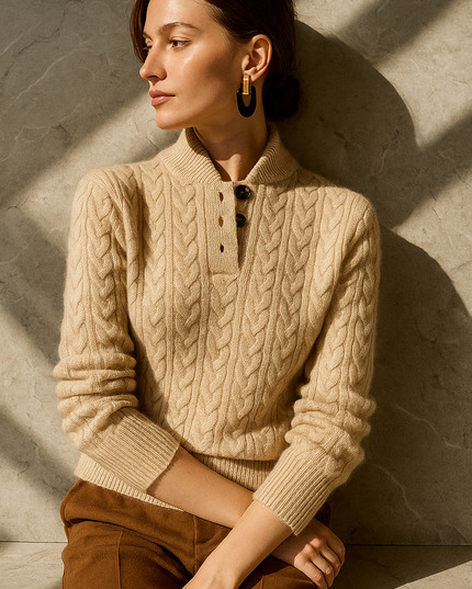 Women's Button-Up Sweater in a Cable Knit with a Stand Collar