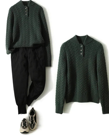 Women's Button-Up Sweater in a Cable Knit with a Stand Collar