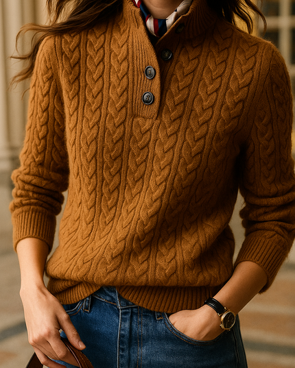 Women's Button-Up Sweater in a Cable Knit with a Stand Collar