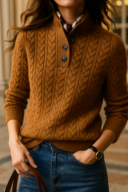 Women's Button-Up Sweater in a Cable Knit with a Stand Collar