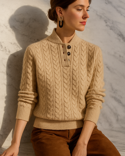 Women's Button-Up Sweater in a Cable Knit with a Stand Collar