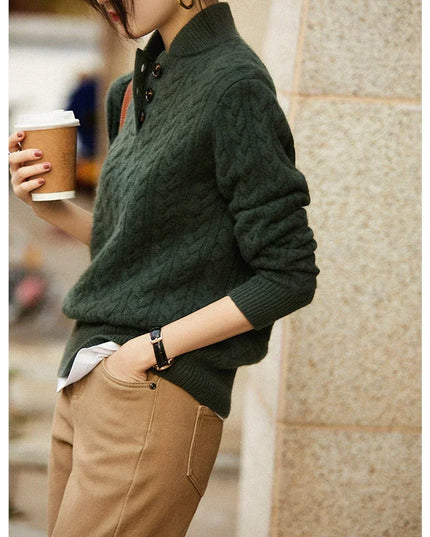 Women's Button-Up Sweater in a Cable Knit with a Stand Collar