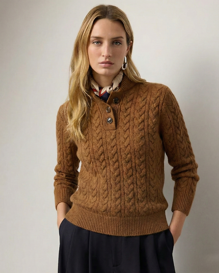 Women's Button-Up Sweater in a Cable Knit with a Stand Collar