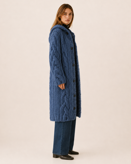 Women's Cable Knit Hooded Longline Cardigan Coat