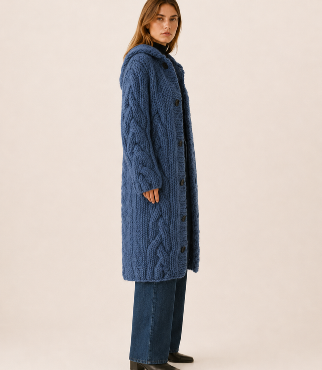 Women's Cable Knit Hooded Longline Cardigan Coat