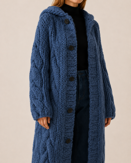 Women's Cable Knit Hooded Longline Cardigan Coat