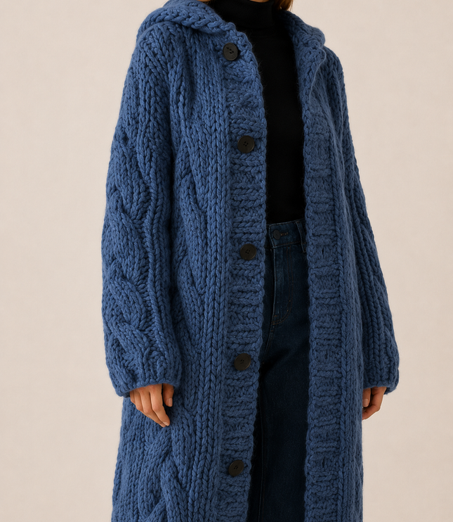 Women's Cable Knit Hooded Longline Cardigan Coat