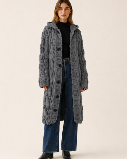 Women's Cable Knit Hooded Longline Cardigan Coat