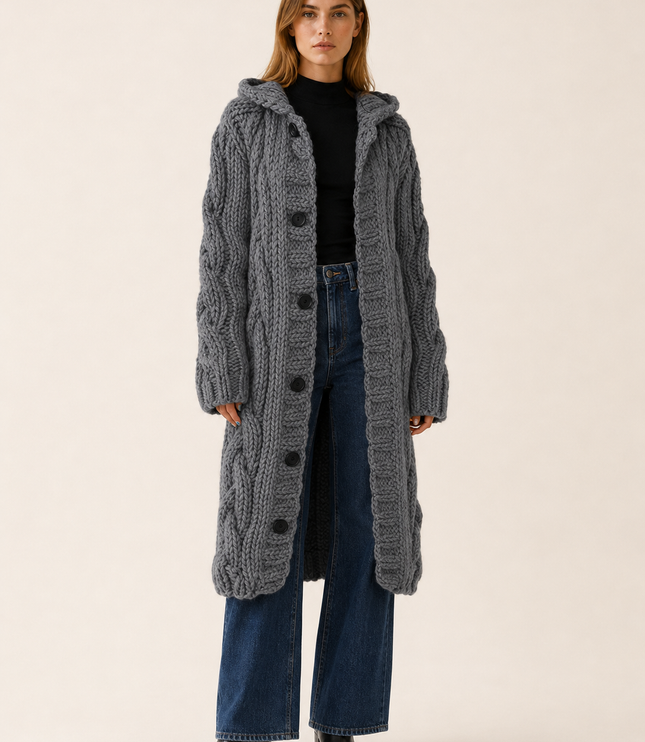 Women's Cable Knit Hooded Longline Cardigan Coat