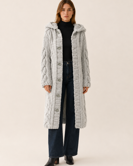 Women's Cable Knit Hooded Longline Cardigan Coat