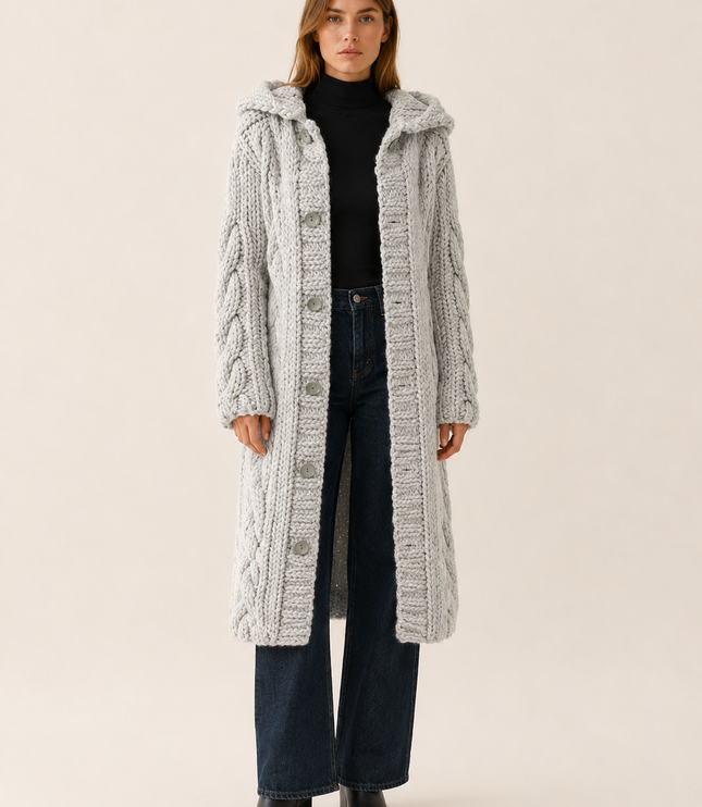 Women's Cable Knit Hooded Longline Cardigan Coat