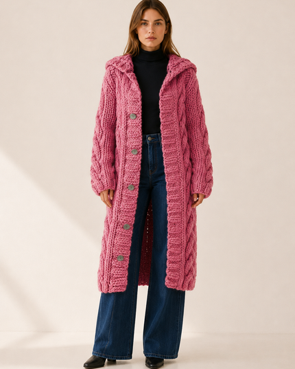Women's Cable Knit Hooded Longline Cardigan Coat