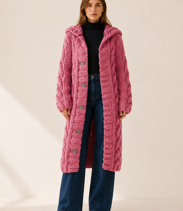 Women's Cable Knit Hooded Longline Cardigan Coat