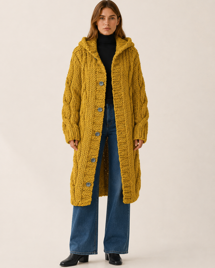 Women's Cable Knit Hooded Longline Cardigan Coat