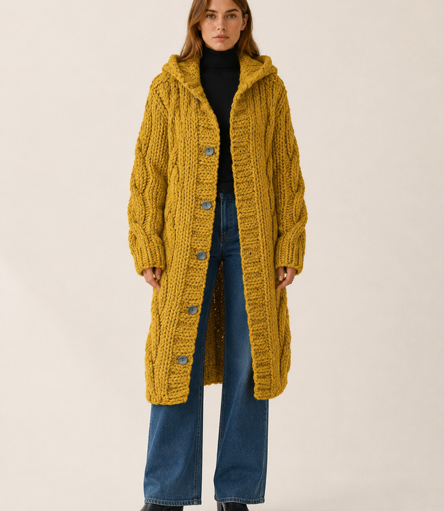 Women's Cable Knit Hooded Longline Cardigan Coat