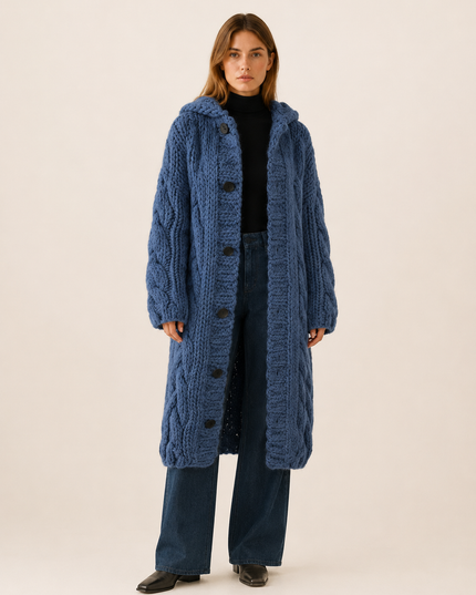 Women's Cable Knit Hooded Longline Cardigan Coat