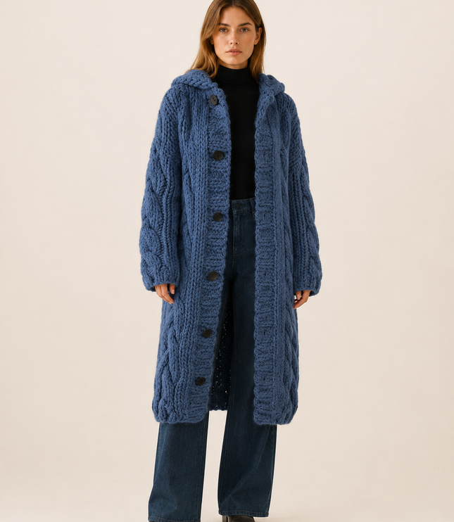 Women's Cable Knit Hooded Longline Cardigan Coat